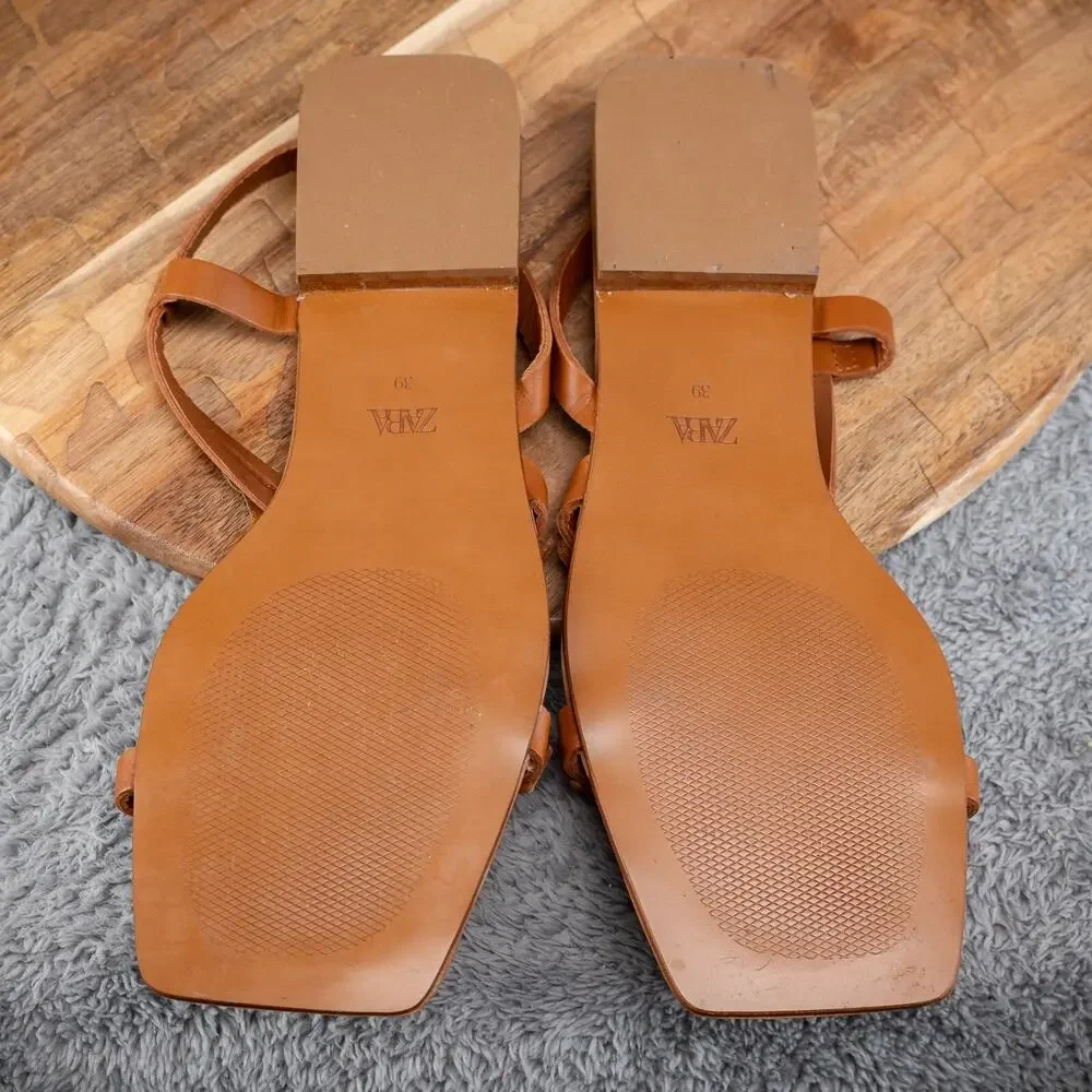 Zara Brown Leather Criss Cross Sandals Gold Buckle Size‎ 39 - Picture 5 of 5